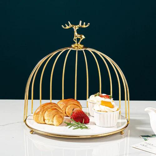 Wrought Iron Ceramic Cake Stand Multi-layer Fruit Plate Snacks Tray Dessert Plate Cake Pan Elk Display Stand Decorative Plates