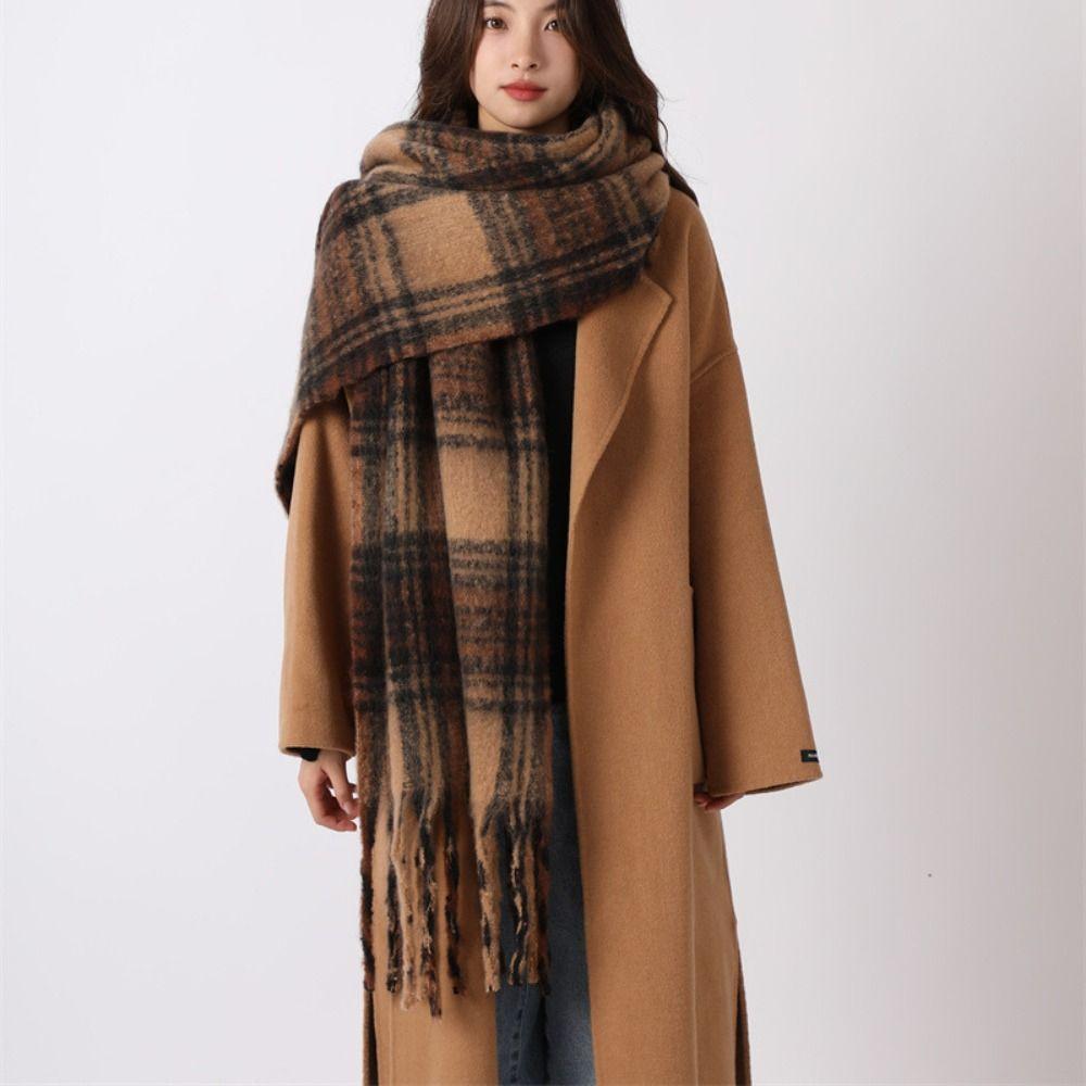 Mohair Plaid Wool Scarf Plush Long Shawl Elegant Winter Cashmere Scarves  Autumn Winter