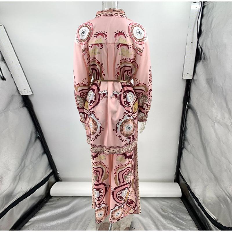 Women's Fashion Graffiti Print Lapel Shirt Trousers Two-piece Suit Summer Retro High Street Lady Elegant Suit