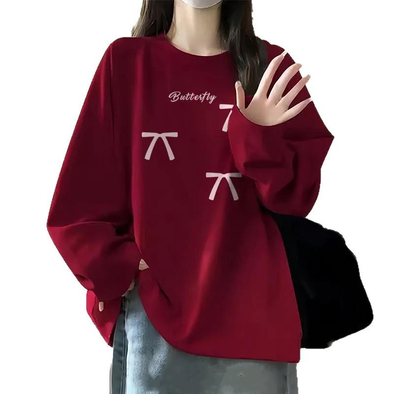 Tricou de damă cu mânecă lungă din bumbac în stil coreean - Croială largă, Gât rotund, Perfect pentru primăvară și toamnă