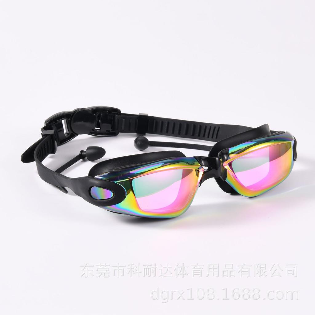 Directly supplied silicone colorful swimming goggles for adults, new model One-piece earplug electroplated anti-fog swimming goggles