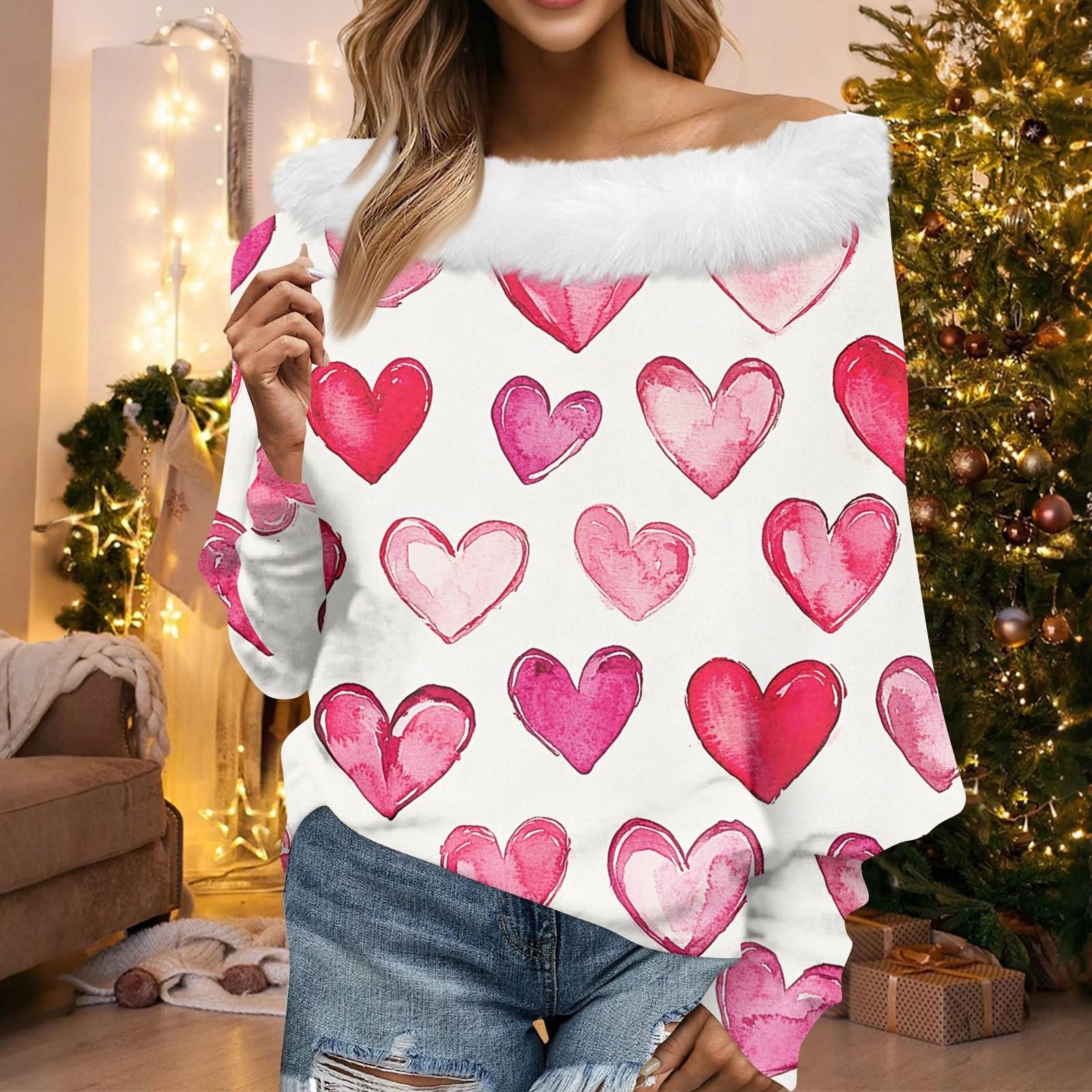 

Женский свободный повседневный топ с открытыми плечами и принтом ко Дню святого Валентина из плюша в стиле пэчворк с линией горловины S бежевый