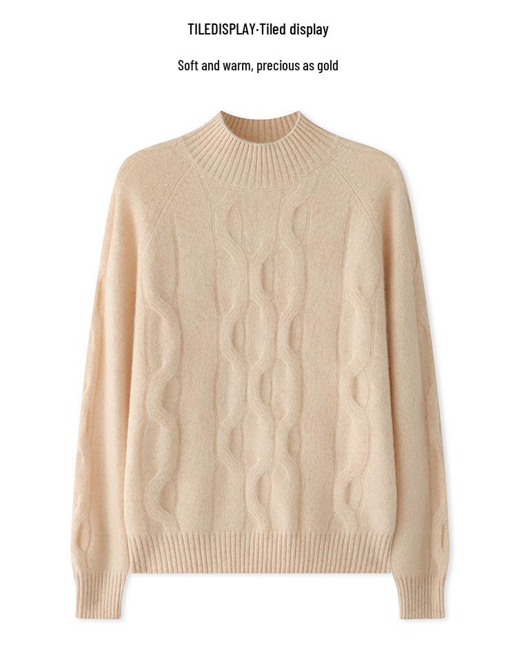 Women's Cable Knit Cashmere Top – Half-High Collar, Long Sleeve, Loose Fit, Versatile Sweater