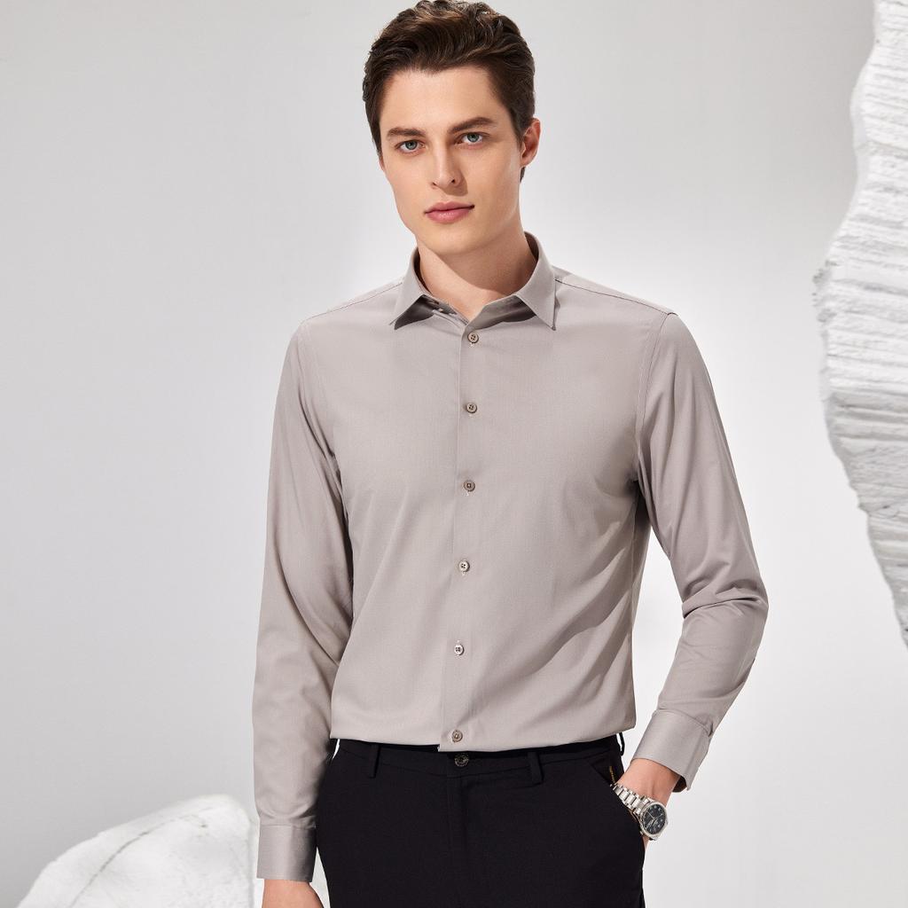 Breathable Bamboo Fiber Solid Color Business Casual Comfortable Sweat Free Men's Shirt Long Sleeved