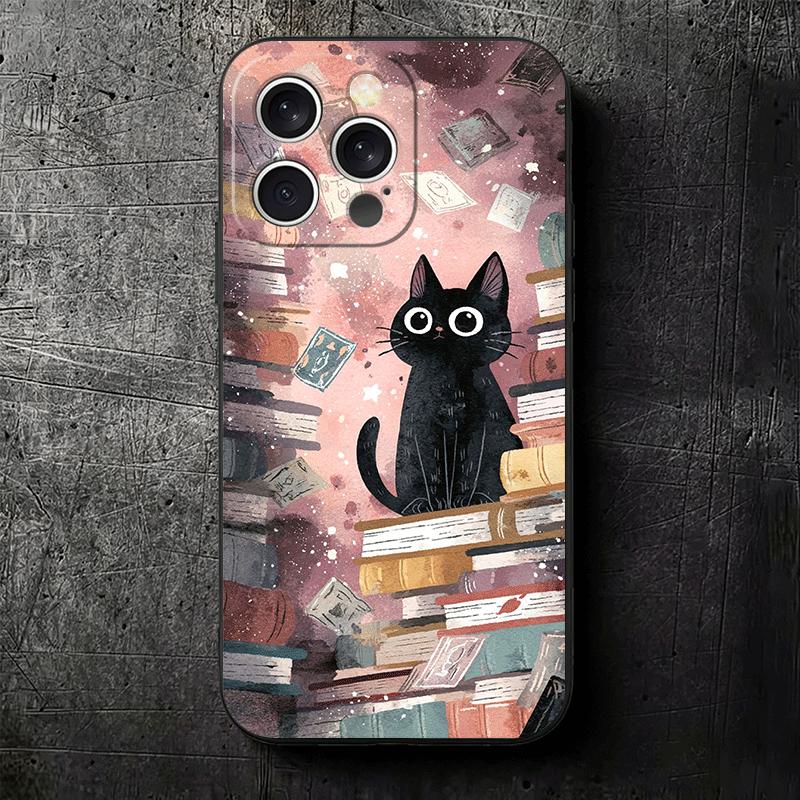 Cute Cat Bookshelf Interesting Soft Phone Case for iPhone 16 16E 17 Air 15 Pro Max 14 Plus 13 Mini 11 12 7 Black Cover Back Shel