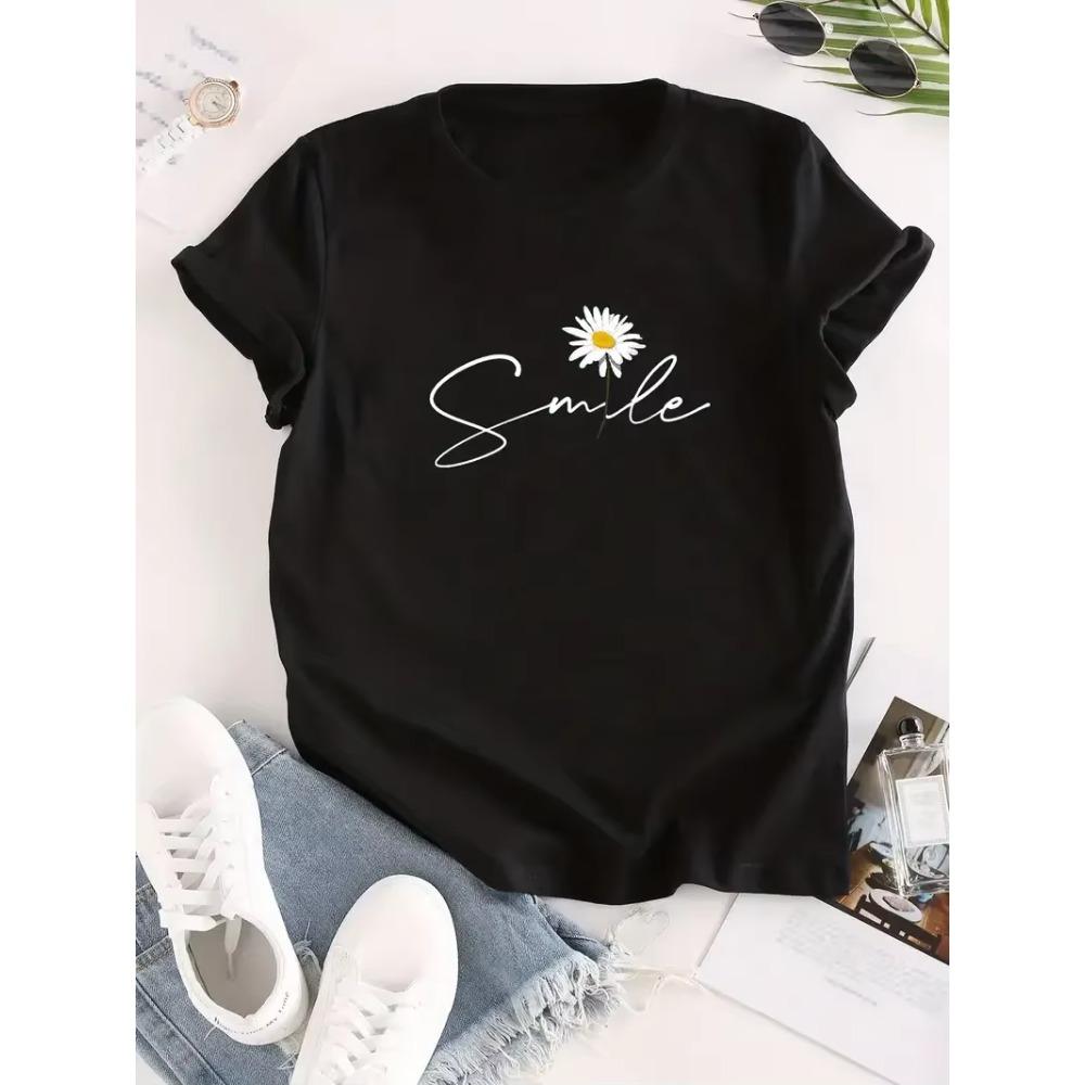 Flower & Letter Print Crew Neck T-Shirt Casual Short Sleeve T-Shirt For Summer Women's Clothing Kawaii 90s Korean Female Tops