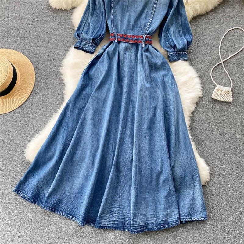 Retro džínové šaty Dámské s dlouhým rukávem Design Pas Košilové šaty Knoflík Vysoký pas Šaty