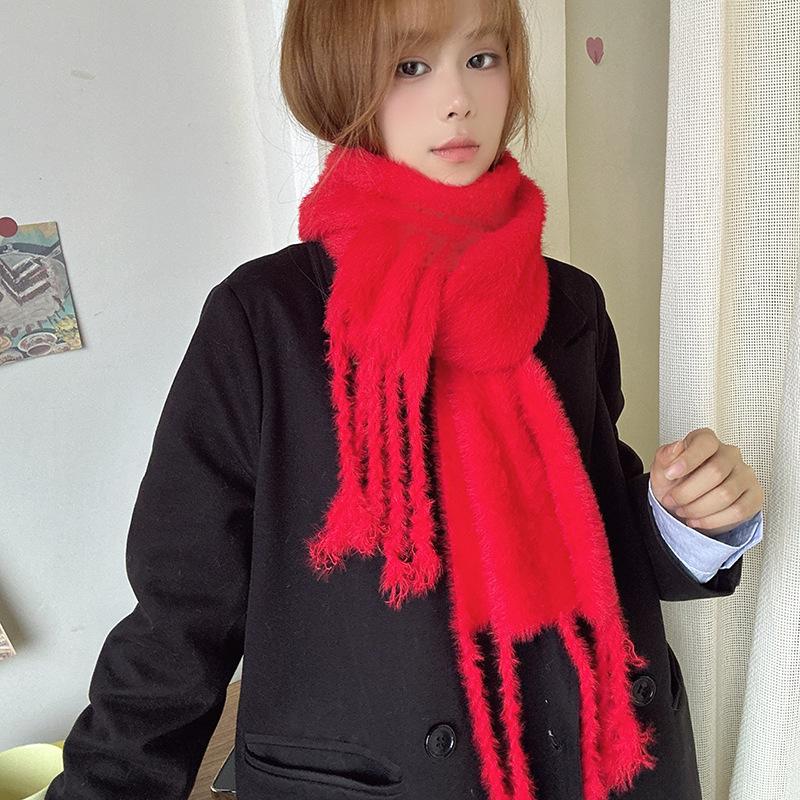 Luochi Knitting~Candy Color Plush Scarf: Soft, Skin-Friendly, Warm Tassels & Braids, Versatile Winter Neck Warmer for Women.