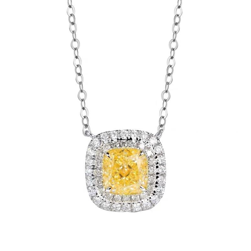 Luxury New Necklace, Copper Inlaid Pillow-shaped 6 * 6 Ice Flower Yellow Diamond Necklace, Fashionable Women's Collarbone Chain
