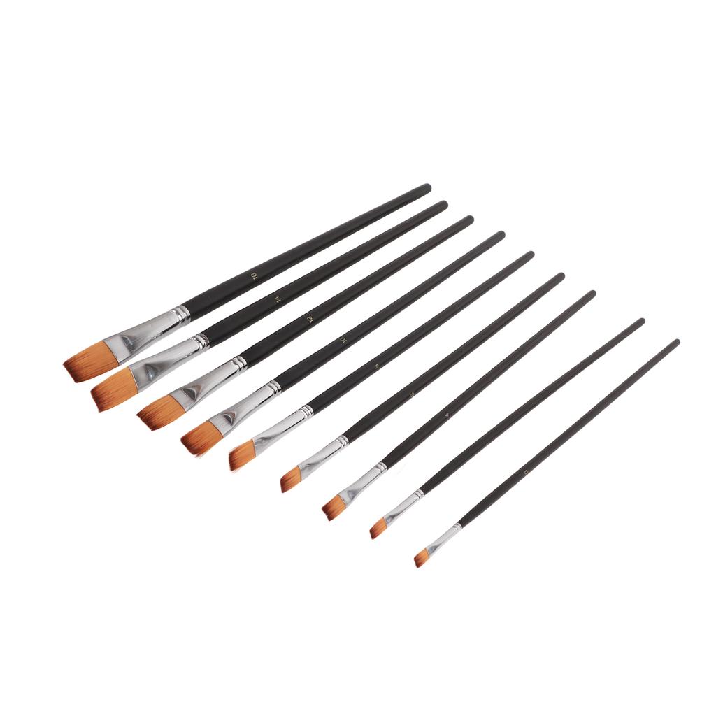 9 PCS Artist Professional Nylon Narrow Flat Tipped Long Handle Paint Brushes Set