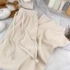Women's Cream Cashmere Wide-Leg Knit Pants - High Waist, Floor-Length, Solid Color, Autumn/Winter