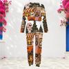 Women Plus Size Round Neck Long Sleeve Cat Printed Cuffed Top And Pants Two Piece Set