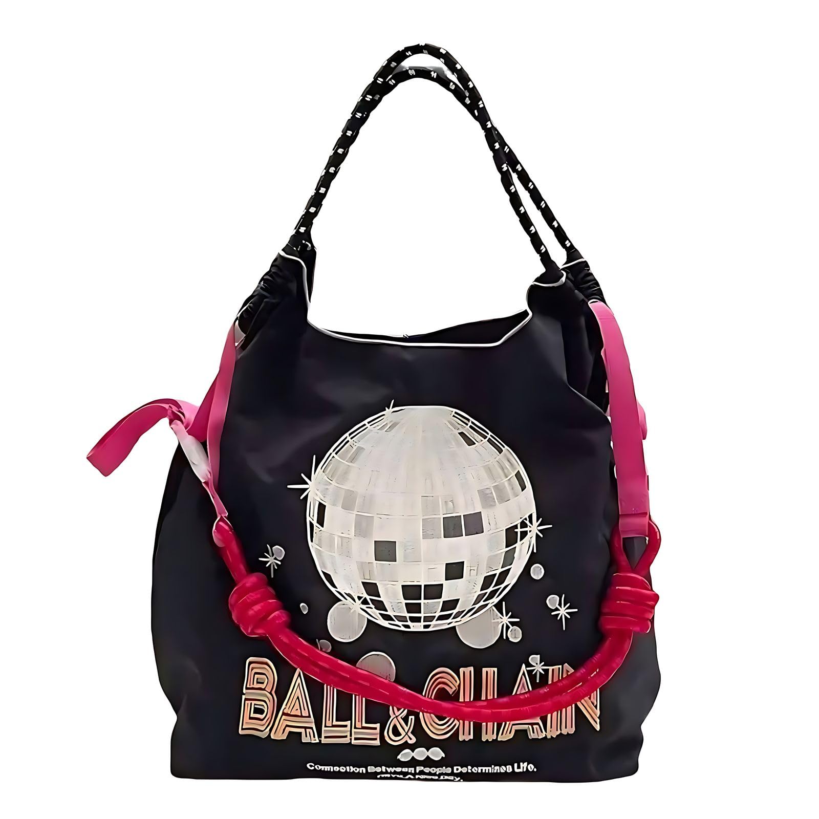 

Ball and Chain Eco Embroidered Shopping Large Reusable Tote Bag with Shoulder Strap [Raineed] Bag, Bag, Capacity, Lightweight, Foldable, (Black Ball,