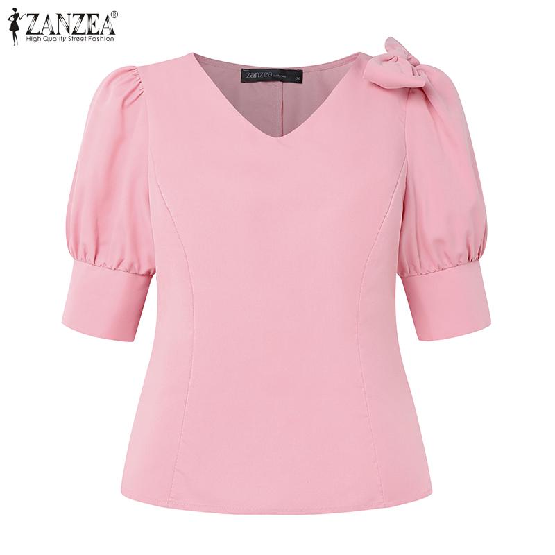 ZANZEA Damen V-Ausschnitt Einfarbig Lässige Kurzarmbluse