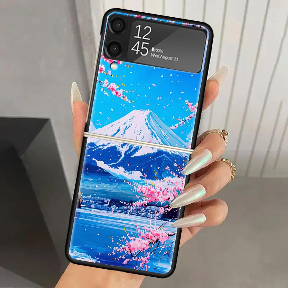 Japanese Cherry Mount Fuji Hard PC Phone Case For Samsung Galaxy Z Flip 7 6 5 4 3 Black ZFlip7 ZFlip6 Flip5 Flip4 Flip3 5G Print
