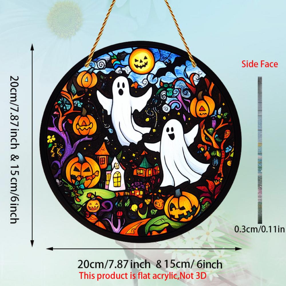 2D Flach Gruseliger Geist und Kürbis Acryl Halloween Sonnenfänger - 2D flaches Design mit kreisförmigen Hängedekorationen für Fenster, Veranden, Terrassen, Garten