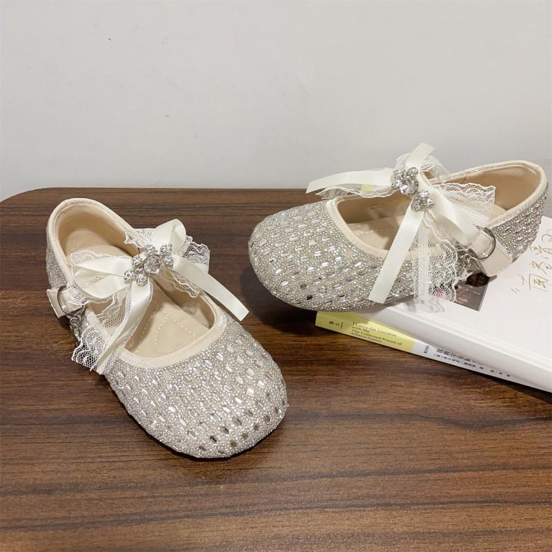 Youth Style Shoes Girls Sweet Bow Princess Flat Shoes With Rhinestone Decor PU Upper Rubber Sole Slip-On Style Toddler To Kid