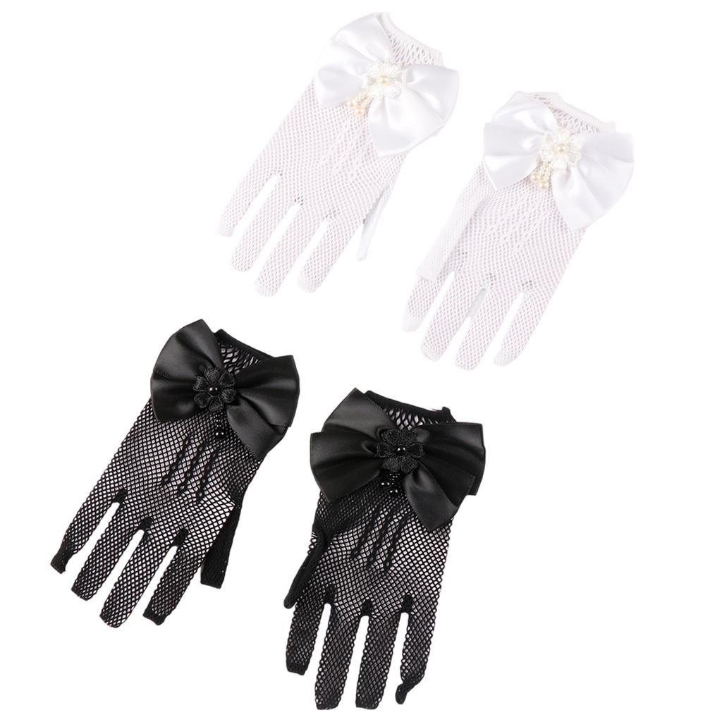 1 Pair Lace Girls' Formal Gloves Comfortable Nylon Fabric Mittens for Wedding Dresses and Special Occasions White/Black