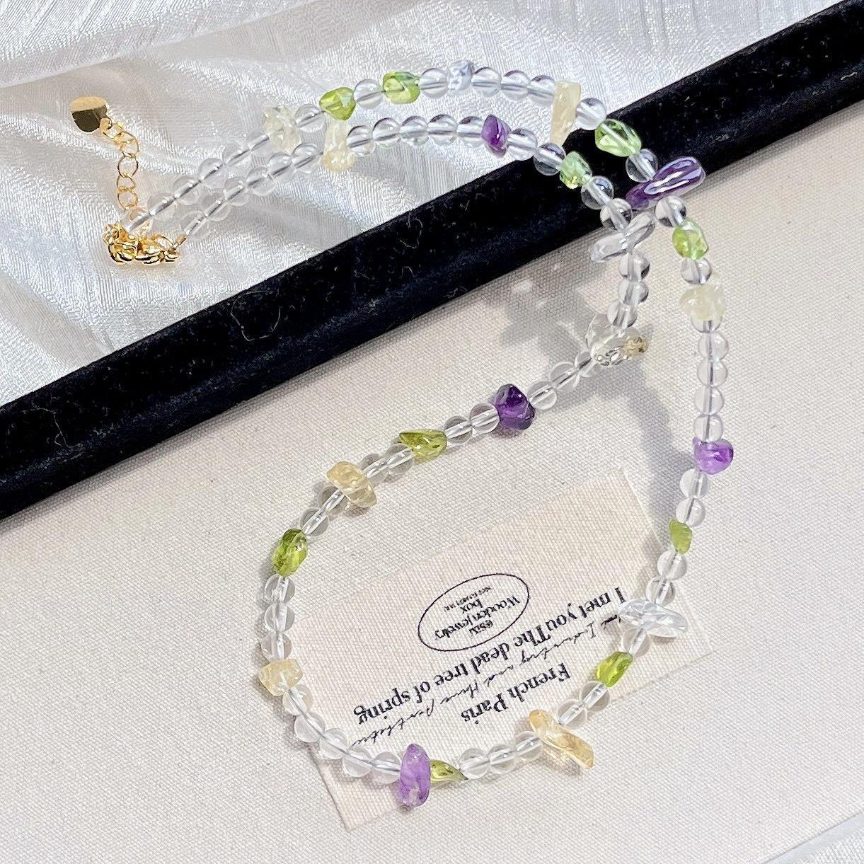 High Quality Haute Couture Natural White Crystal Amethyst Peridot Design Sense Necklace Collarbone Chain