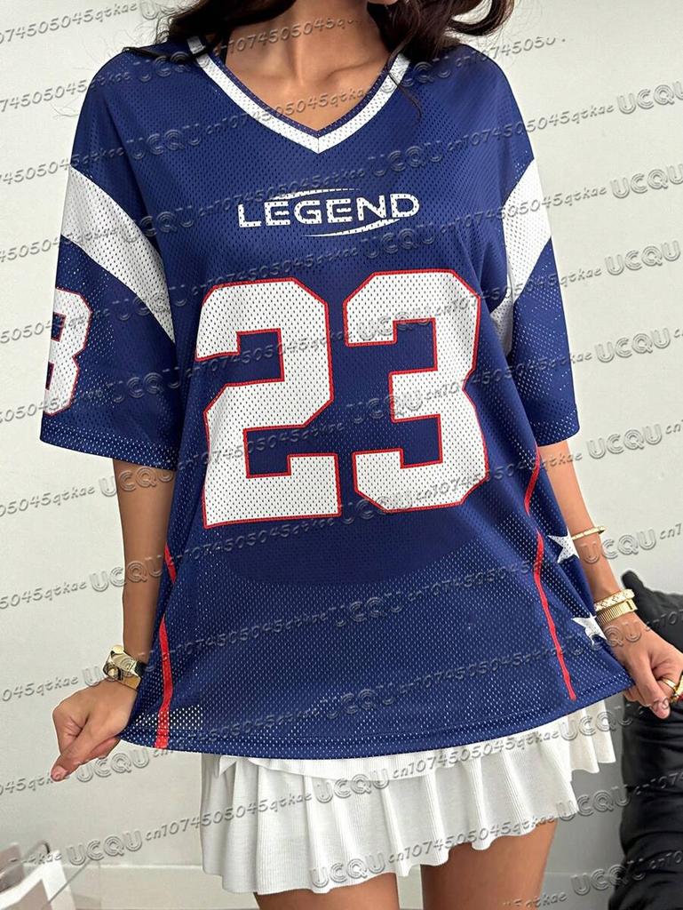 Damen Y2K Sommer Neu Netz Atmungsaktiv Jersey T-Shirt V-Ausschnitt Schulterfrei Digital Bedruckt Sexy Outfit Kurzarm lässiges Oberteil