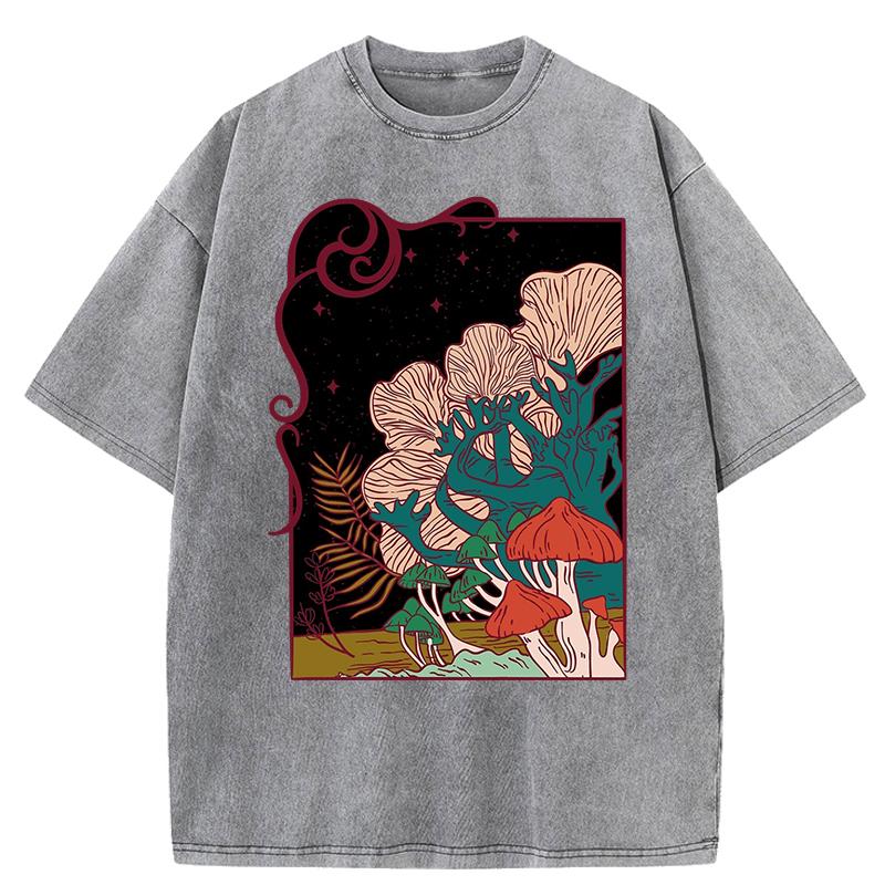 Cottagecore Garden Mushrooms Print Women Washed T Shirts Hip Hop Summer T-Shirt Loose Clothes Cotton Streetwear
