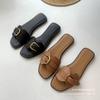 2025 New Metal Belt Buckle One-word Women's Summer Wear Flat-bottomed Fashion Sandals Square Head Soft-soled Women's Slippers