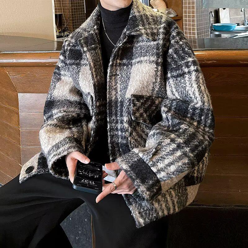 Unisex Retro Plaid Woolen Coat - Men's/Women's Winter Cotton Jacket, Thick Lapel Shirt