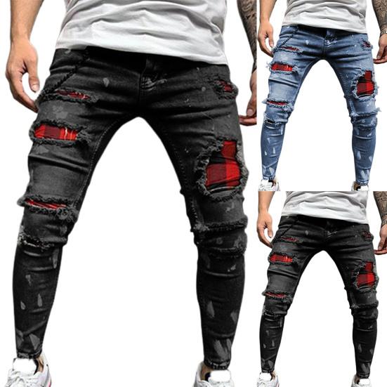 Multi Pockets Men Jeans Ripped Holes Denim Mid Waist Stretchy Tassel Skinny