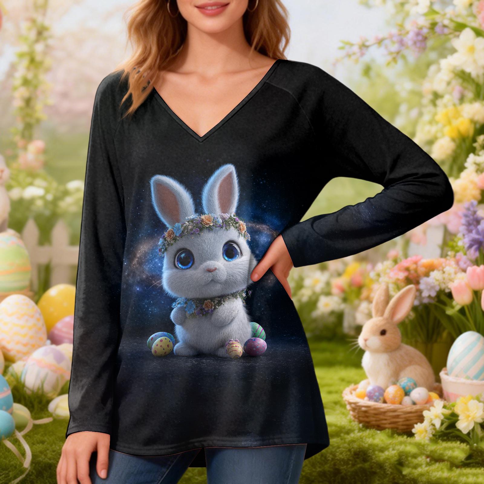 Women s Fashionable Casual Long-Sleeved Easter Print V-Neck Mid-Length Top L