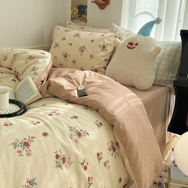 Juego de cuatro piezas de algodón puro de 60 hilos, cama gruesa de algodón puro, juego de tres piezas, algodón de fibra larga, funda de edredón pequeña y fresca, sábana ajustable