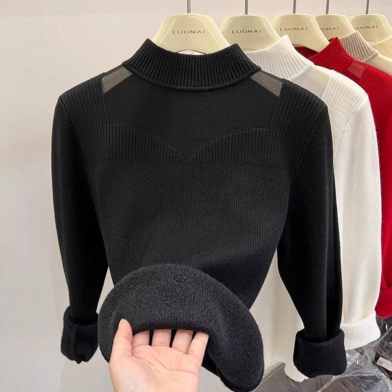 

Женский свитер на флисовой подкладке: Утепленный зимний топ с сетчатым дизайном и полувысоким воротником для осени и зимы. L (105-115 jin) чёрный