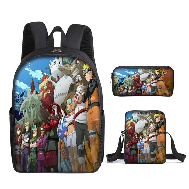 Naruto Naruto Rucksack Dreiteiliges Set, Schulranzen für Grund- und Sekundarschule, Umhängetasche, Messenger Bag, Federmäppchen.