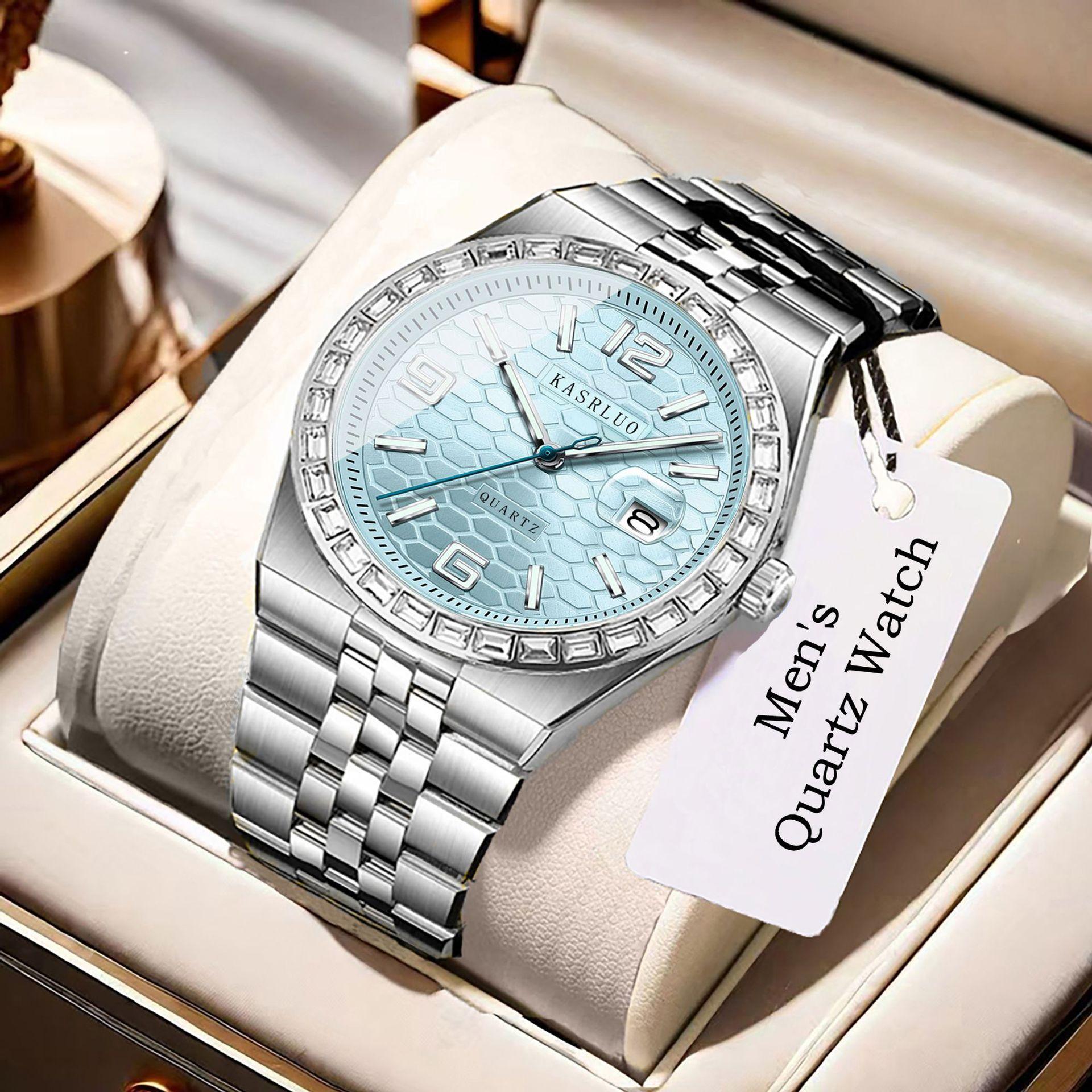 Men S Watch Stainless Steel Waterproof Non-Mechanical Luminous Calendar Diamond Strap Quartz Watch