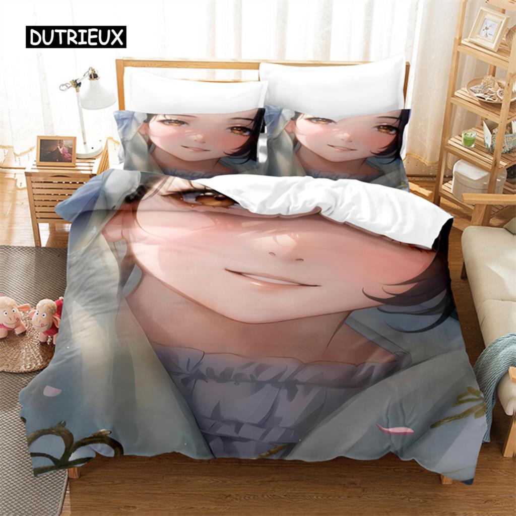Zestaw pościeli Anime Girl Zestaw poszwy na kołdrę Pościel 3D Druk cyfrowy Pościel Rozmiar Queen Zestaw pościeli Projekt mody
