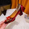 Square head high heels thick heel Mary Jane shoes new red wedding shoes bow pearl medium heel single shoes
