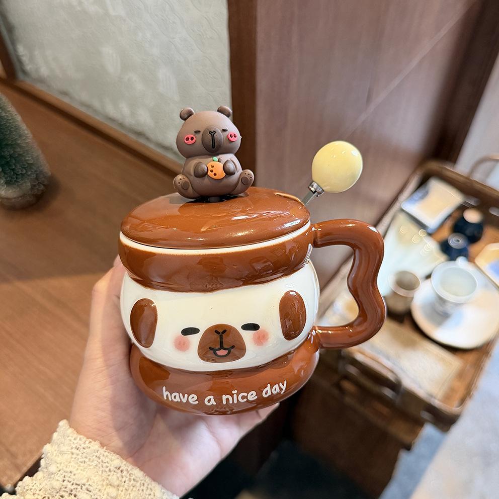 Cute Puppy Mug With Lid Spoon Wind Ceramic Cup Couple Water Cup Girls Household Breakfast Cup Children