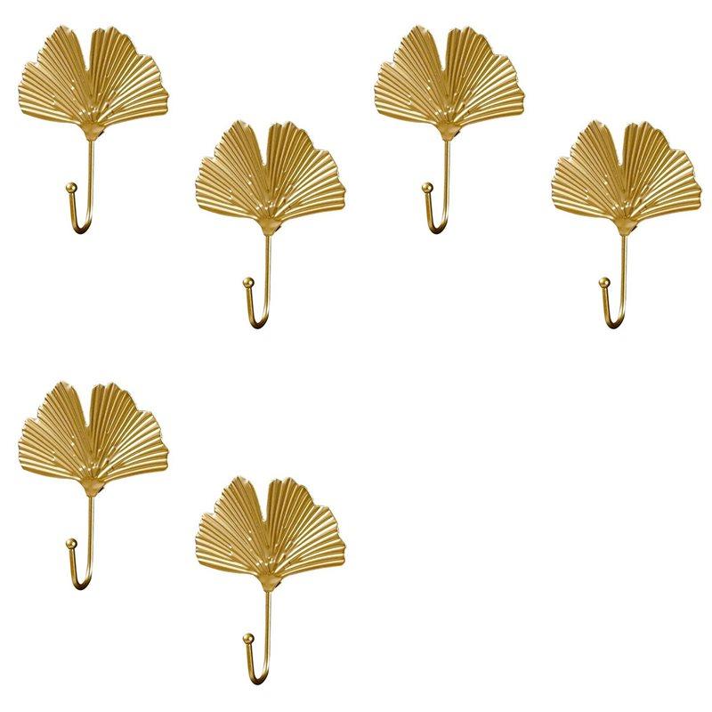 6X Coat Hooks Gold Hanging Holder For Key, Decorative Leaves Metal Hooks Wall Mounted Hooks Hanger