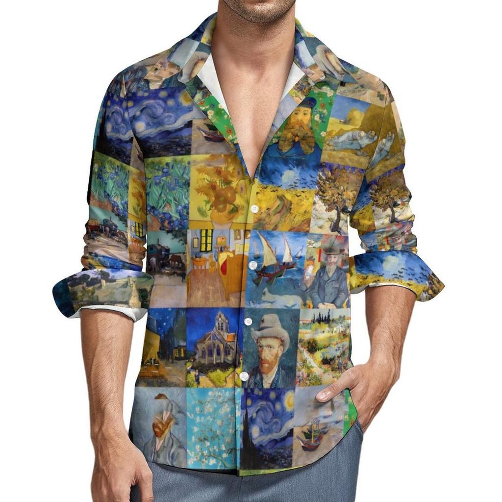 Van Gogh Starry Night Print Long Sleeve Shirt, Artistic Casual Wear
