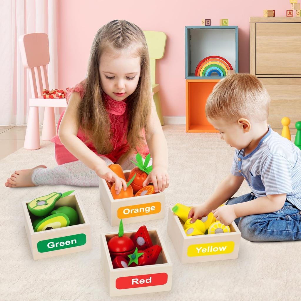 TooyBing Wooden Play Food Toy Set for Kitchen 30 Montessori Cut Color Sort Fake Fruit Accessories with 4 Toddler Play Birthday Gift for Boys and Girls