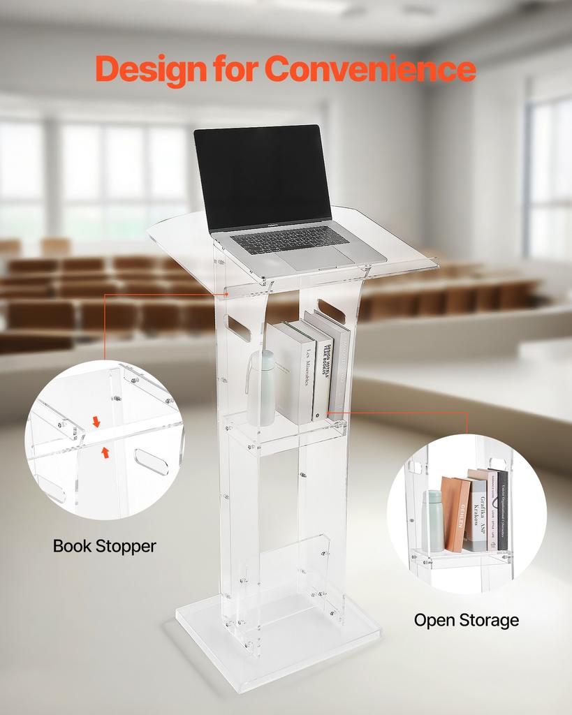 VEVOR Podium Stand, 1100 mm Acrylic Lectern, Portable Laptop Desk with Wide Reading Surface and Storage Shelf, Book Stopper, Floor-Standing