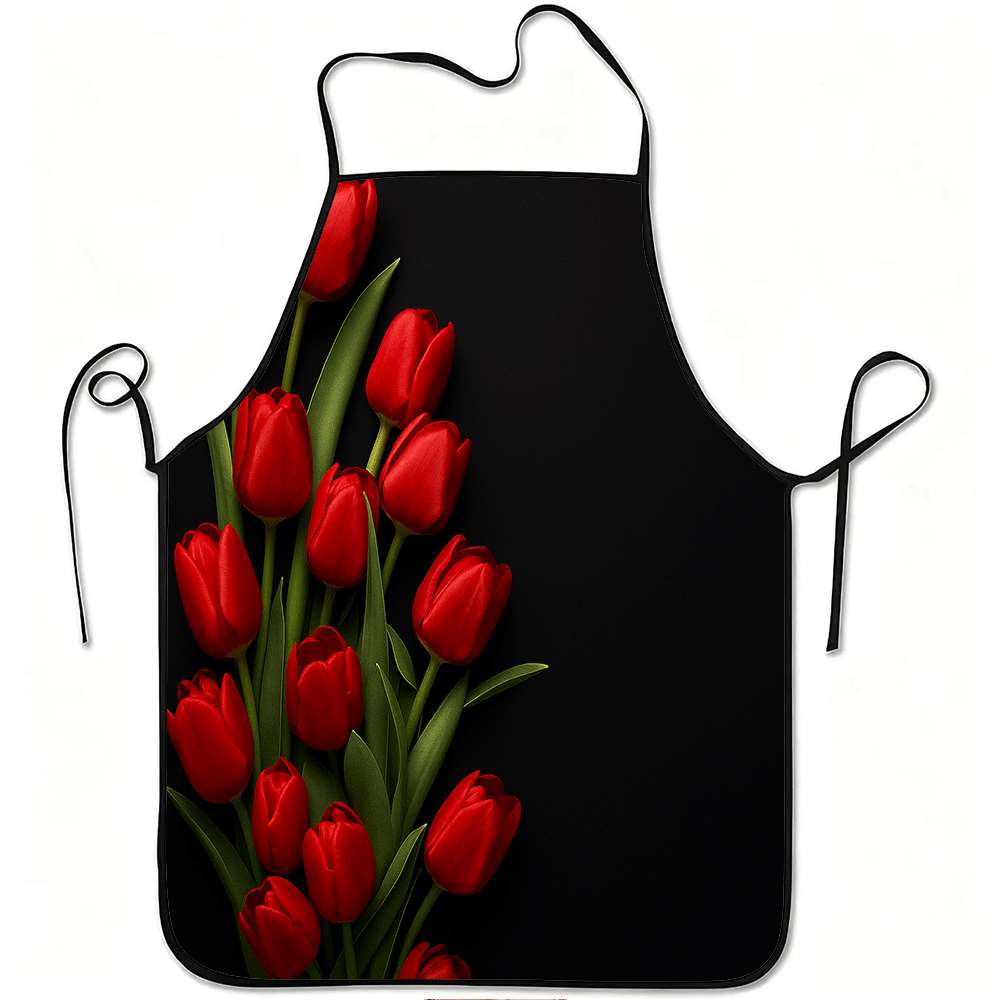 1pc 2D Printed Red Tulip Pattern Apron, Sturdy, Durable, and Easy To Maintain, with an Adjustable Waist, Made of Polyester, Suitable for Kitchen Cooki