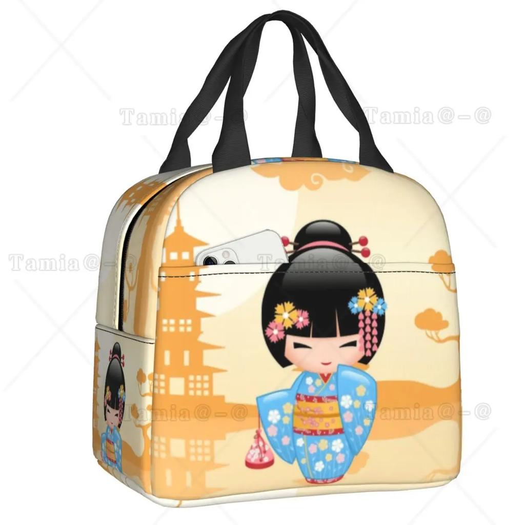 Japanese Red Sakura Kokeshi Doll Insulated Lunch Bag for Women Resuable Cute Girly Cherry Blossom Thermal Cooler Lunch Box
