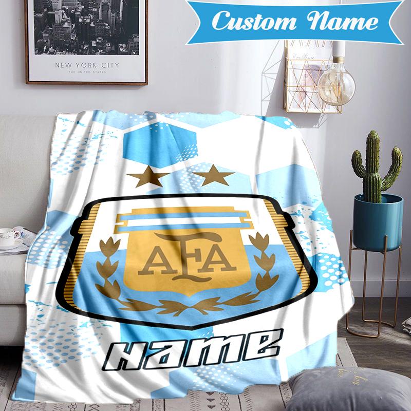 Custom Name Argen-tina Football Crest Blanket Lightweight Ideal Bedding Blanket Perfect for Travel, Camping, Living Rooms, Sofas, Christmas Gift