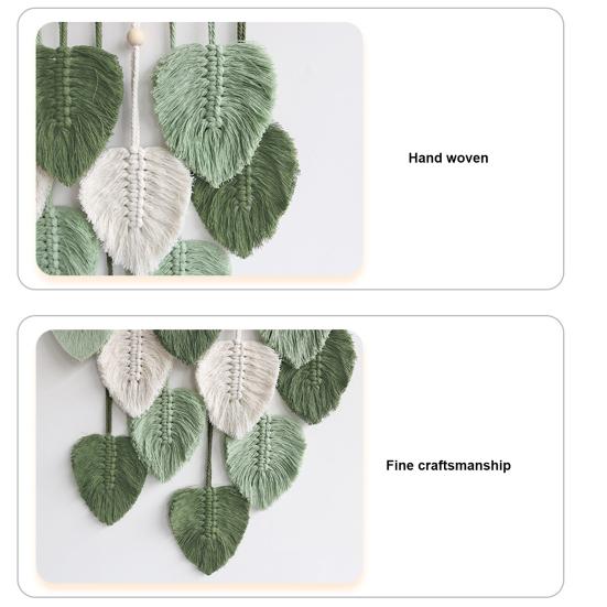 Wall Decor Large Boho Macrame Handmade Yarn Woven Wall Art Leaf Tapestry Wall Hanging with Faux Feathers for Home Decor