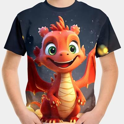 Boys Novelty Tee, Cute Dino 3D Print Top, Creative And Innovative Short Sleeve T-shirt For Summer