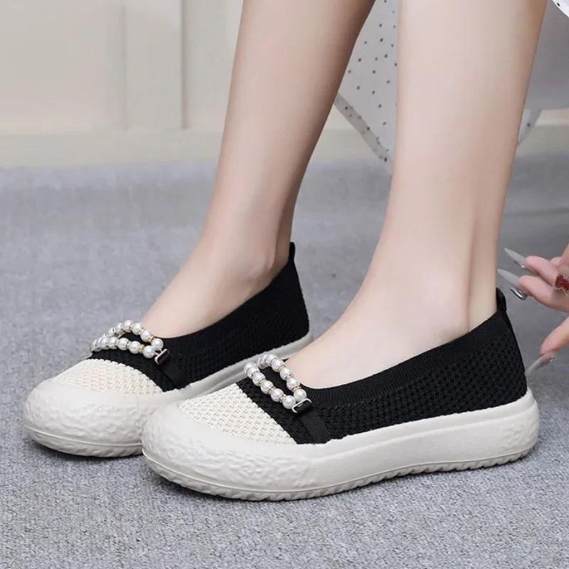 Mode 2024 Mode Damen Schuhe Ein Tritt Damen Ballerinas Herbst Runde Zehe Perlen Atmungsaktives Mesh Mischfarben Outdoor Freizeitschuhe