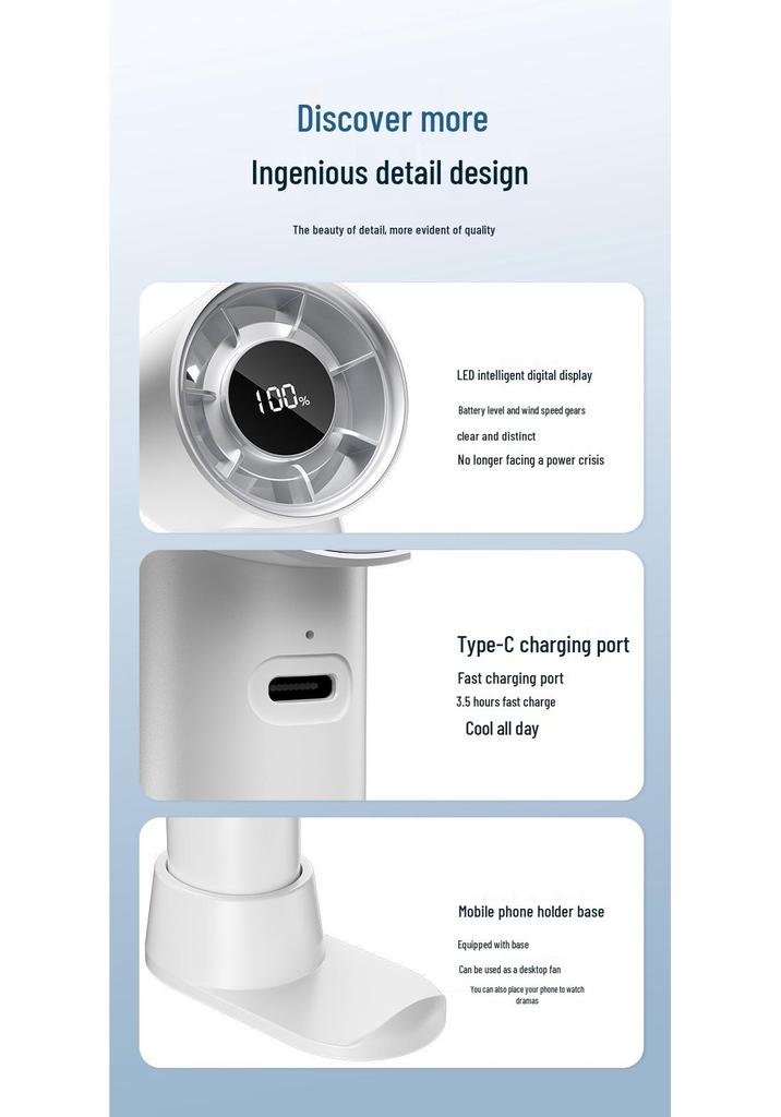 2026 Turbocharged Handheld USB Rechargeable Fan with Stepless Speed Control and Large Airflow