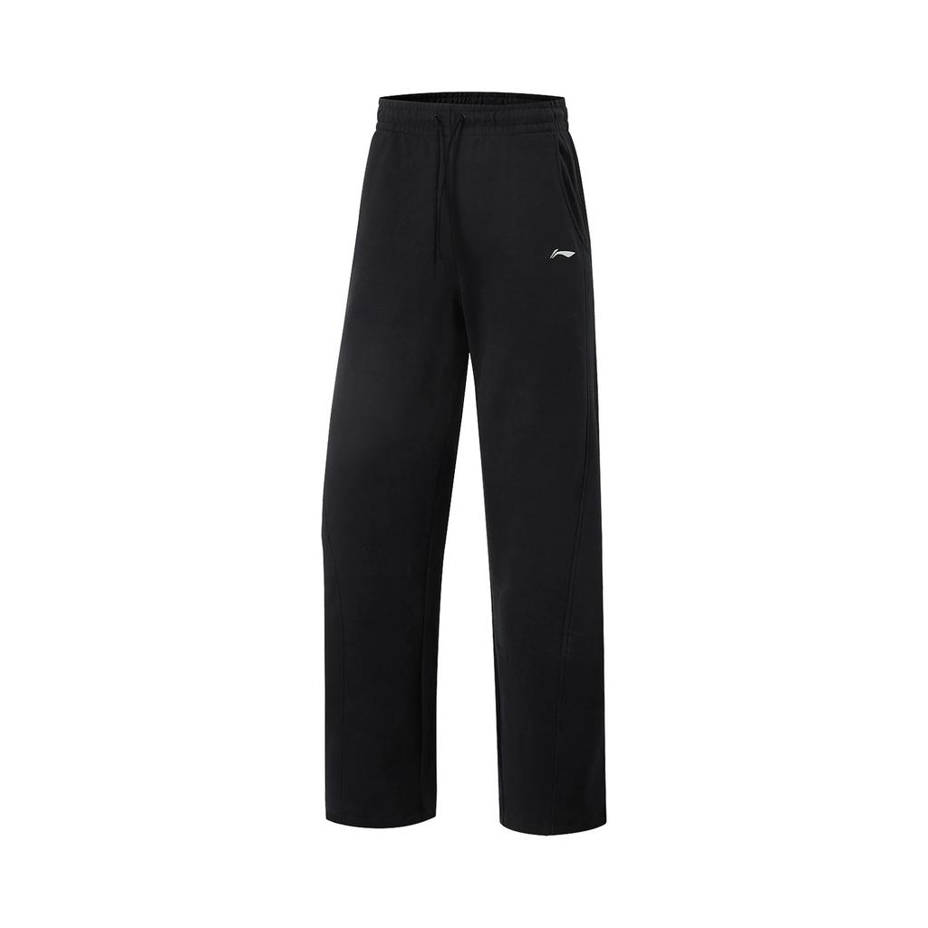 Li Ning Fitness Series Solid Color Mid Waist Drawstring Comfortable Breathable Fleece Warm Straight Loose Sports Long Pants Women bottoms AKLU548-2