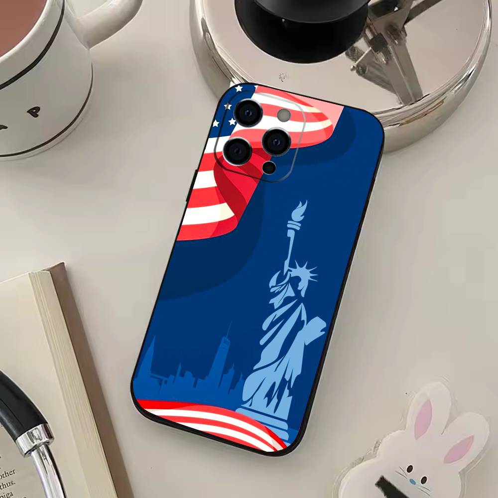 Statue Liberty America USA Flag Phone Case For iPhone 17,16,15,14,13,12,11 Plus,Pro Max,XS,Soft Black Cover