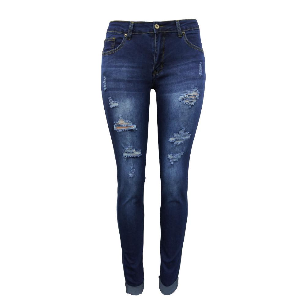 Damen Slim Fit Jeans mit angehobenem Gesäß und kleinen Füßen, durchbrochener Denim